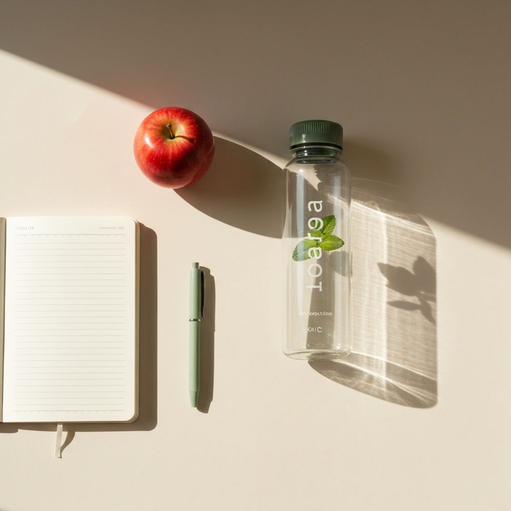 Flat lay of daily health items and notebook